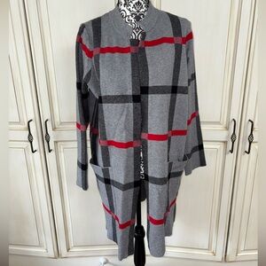 Tahari Size 1X Red, Black, & Grey Windowpane Plaid Midi Open Hanging Cardigan
